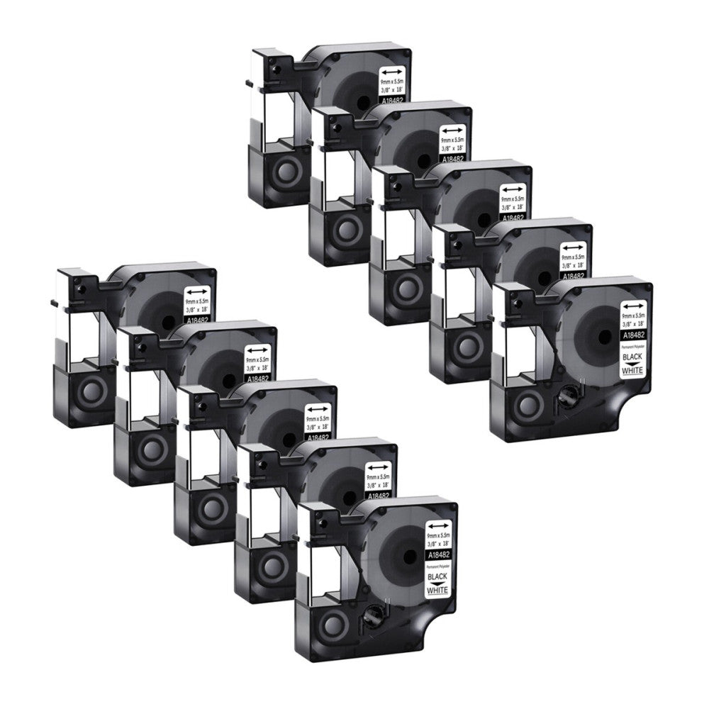 10PK Black on White IND Polyester Label Tape 3/8" 18482 for Dymo Rhino 3000 4200