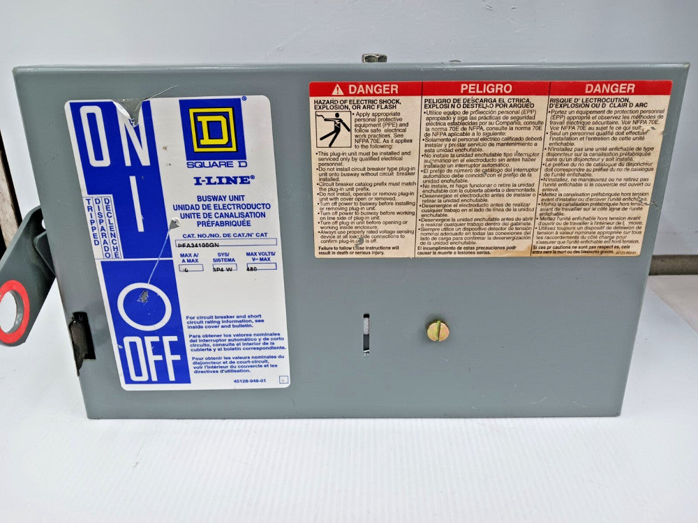 SQUARE D 100 AMP BUSWAY 3P4W 480 VAC PFA34100GN W/ FAL34050 BREAKER