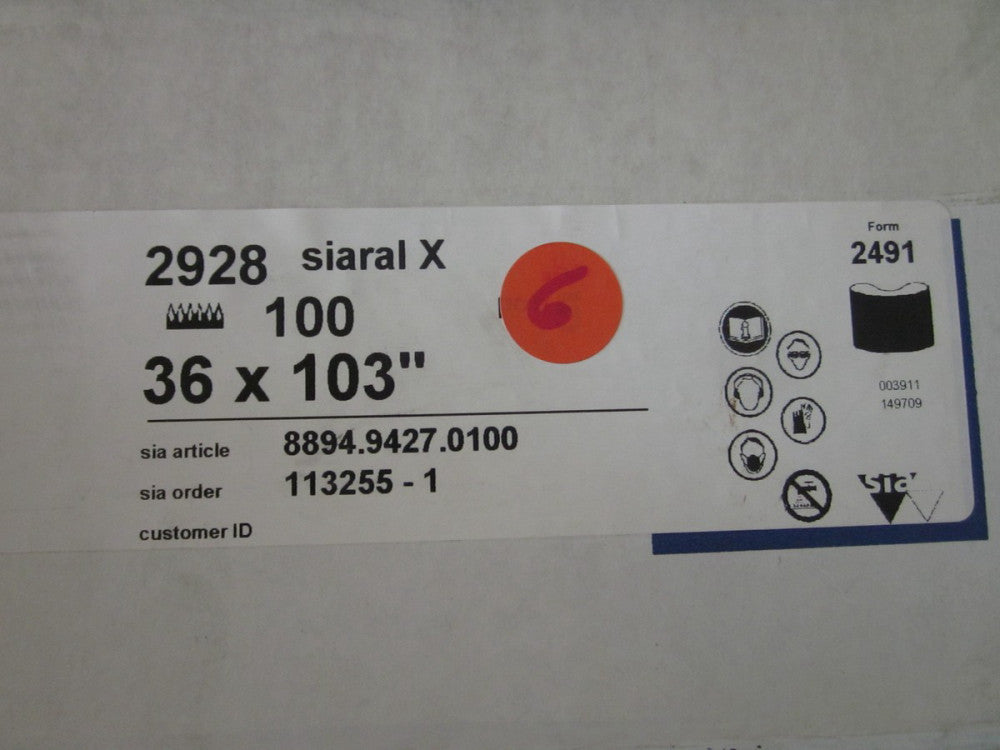 (Lot of 5) Blue Line Sia Abrasives 2928 36x103" 100 grit # 8894.9427.0100 (NEW)