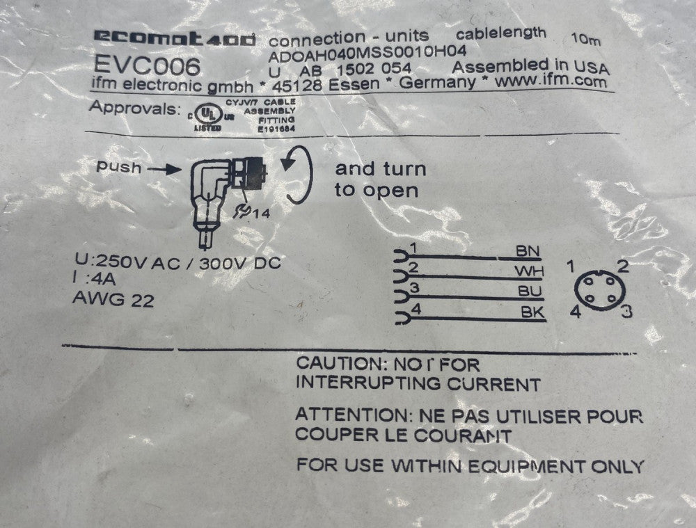 IFM EVC006 Female Cordset, 250VAC, 300VDC, 4A, 10M 