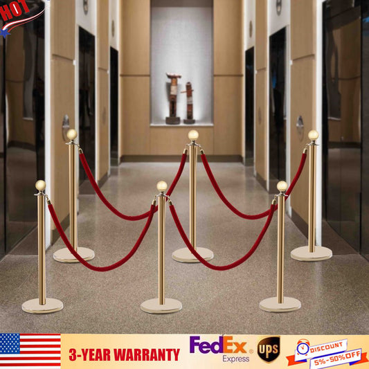 6Pcs Golden Stanchion Posts with 4 Velvet Ropes Crowd Control Queue Pole Barrier