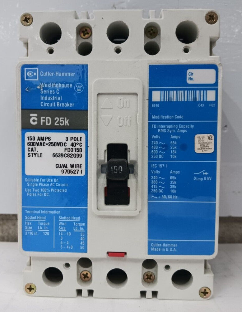 CUTLER HAMMER 150 AMP CIRCUIT BREAKER 3 POLE 600 VAC FD3150