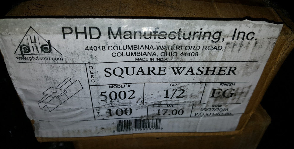 PHD S-5002-EG Square Washer 1/2" Hole  B202 P1064 AB-241-1/2" (100 PC CASE)