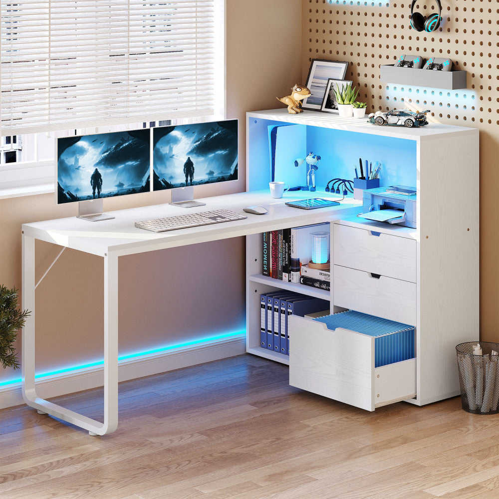 55" L Shaped Gaming Desk Corner Computer Desk with Power Outlets & LED Lights