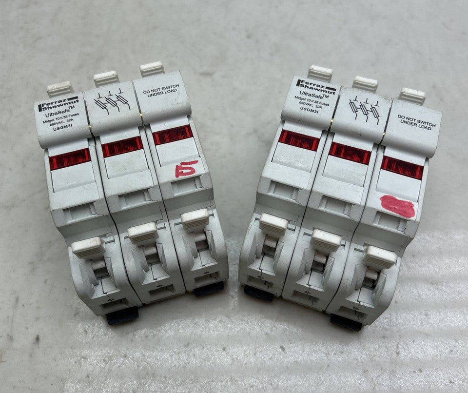 2 Pack Ferraz Shawmt USGM3I Ultrasafe Fuse Holder Midget Fuses 30A max 3P *USED
