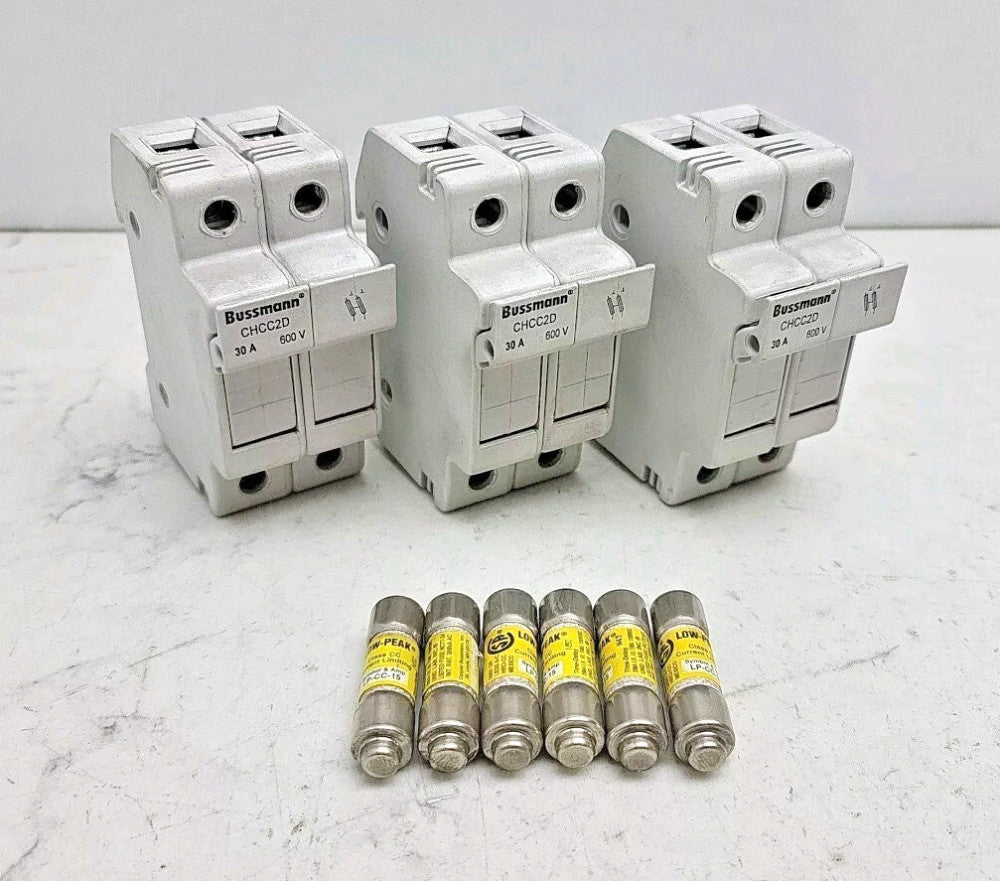 3 Pack Bussman CHCC2D Fuseholder Series CHCC 30A 600V 2 Pole w/ 6 LP-CC-15 Fuses