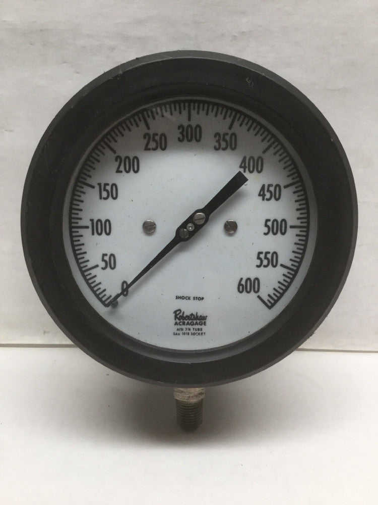 Robertshaw ACRAGAGE Pressure Gauge 0-600 AISI 316 Tube SAE 1018 Socket 4” DIA