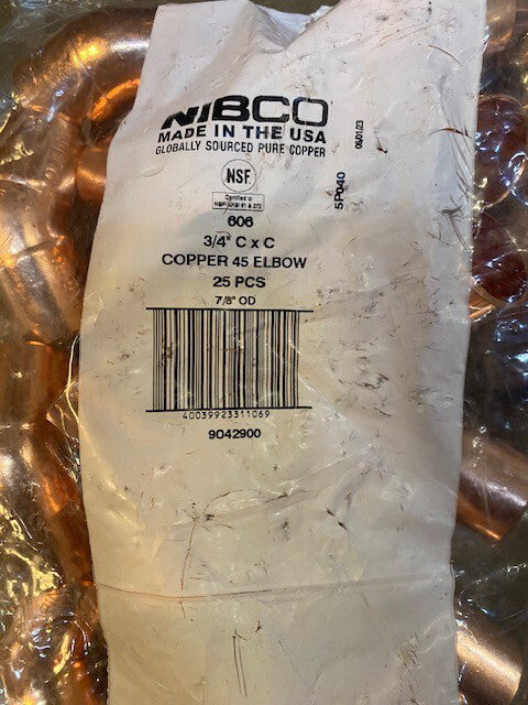 (25 PACK) Nibco 9042900 Copper 45 Degree Elbow 3/4 Inch C x C 606