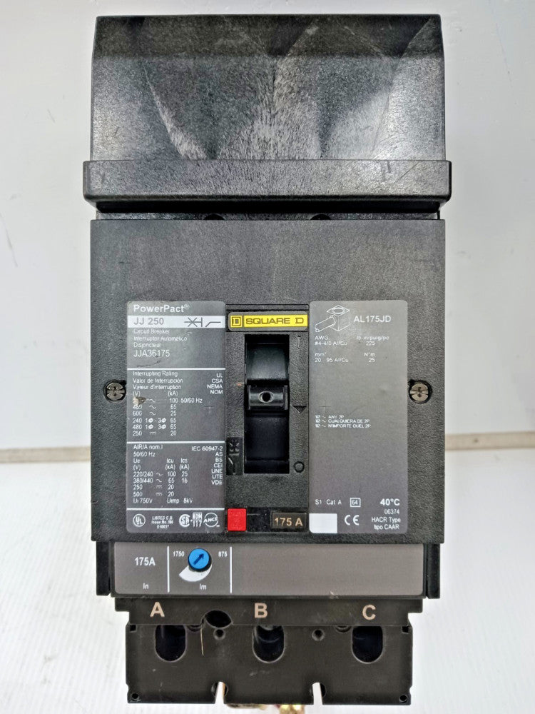 Square D PowerPact 175 Amp I-Line Circuit Breaker 3 Pole 600 VAC 65kA JJA36175