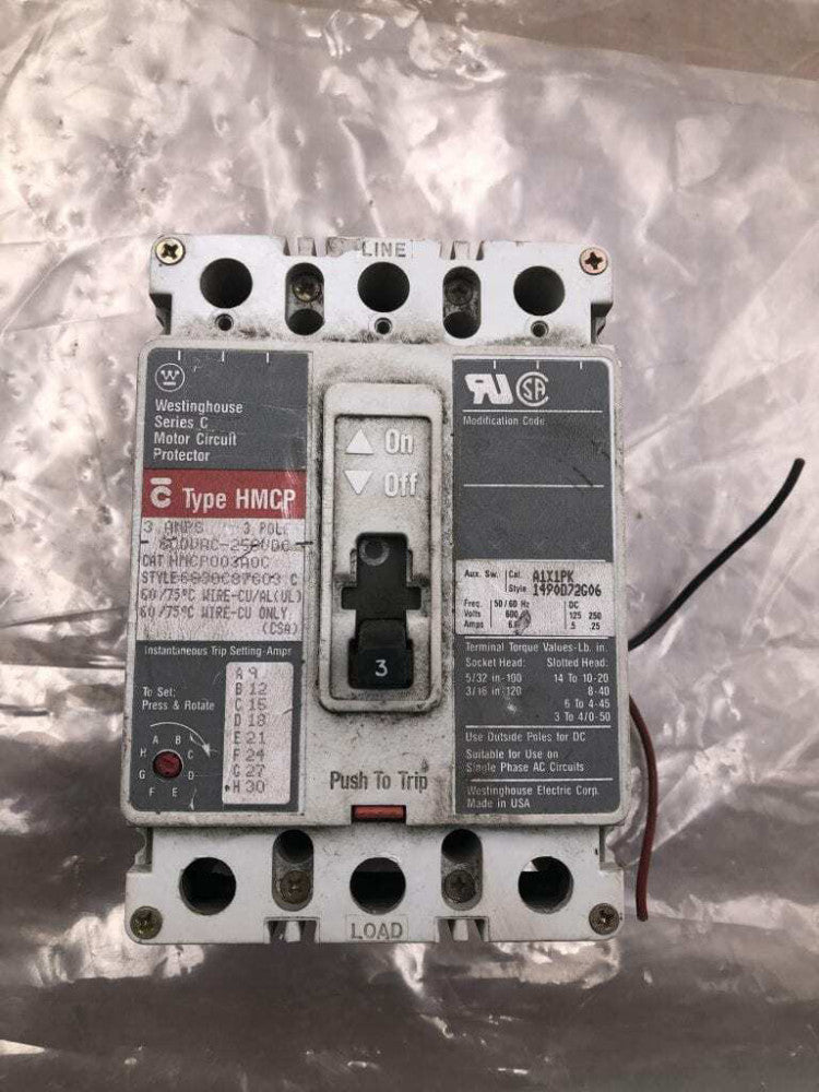 Westinghouse HMCP003A0C 3A 3 Pole Molded Case Circuit Breaker 600VAC 250VDC