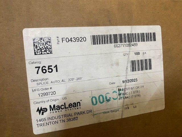 (CASE OF 100) Maclean Power System Tension Splice Conductor 7651