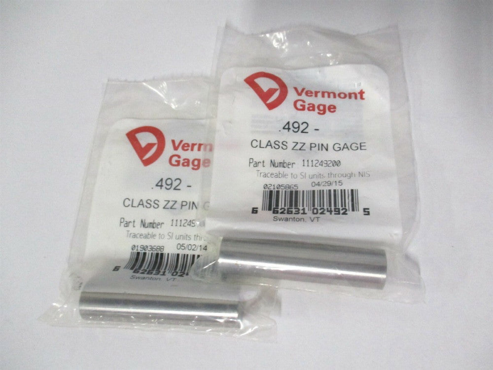 Vermont Gage (111249200) 0.492" Diam Class ZZ Minus Plug & Pin Gage - Lot of 2