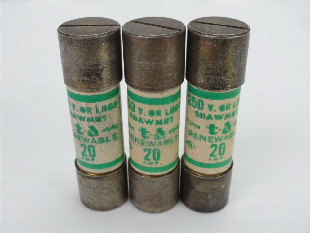Lot of 3 - SHAWMUT RF20 Renewable Fuses, Class H, Non Current Limiting, 250VAC