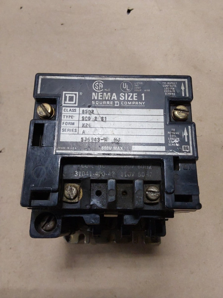 SQUARE D 8502 SC0 2 S1 NEMA Size 1 Contactor 120V Coil SERIES A