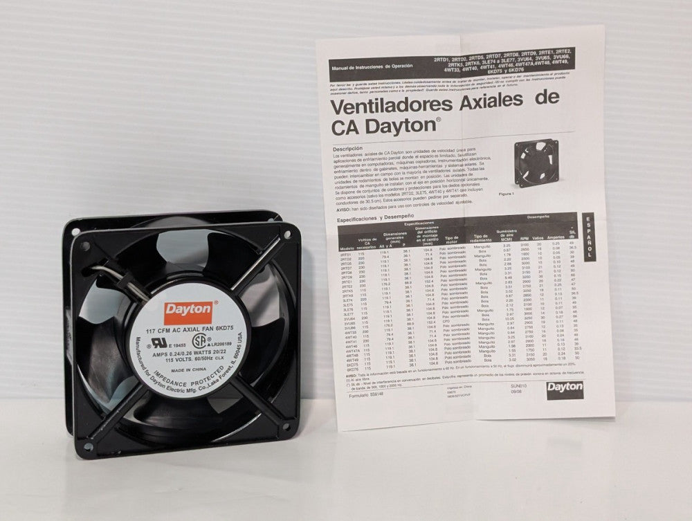 Dayton Electric 6KD75 AC Impedance Protected Axial Fan, 117 CFM, 115 V, 60/50 Hz