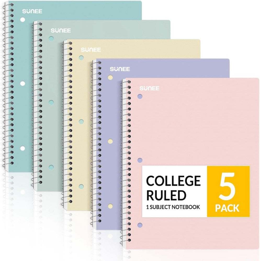 SUNEE Spiral Notebooks 70 Sheets College Ruled Paper 8" x 10-1/2" Notebook, 5 Pk