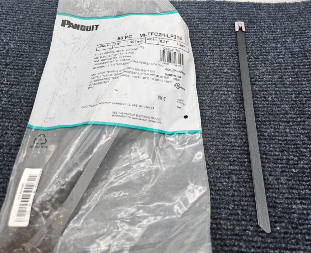(50 PCS) Panduit MLTFC2H-LP316: 7.9" Fully Coated Metal Locking Cable Ties Black
