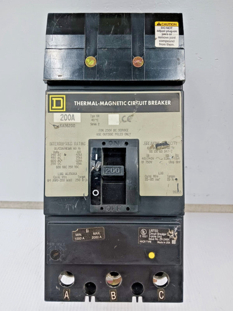 Square D 200 Amp I-Line Thermal-Magnetic Circuit Breaker  3 Pole 600 VAC KA36200