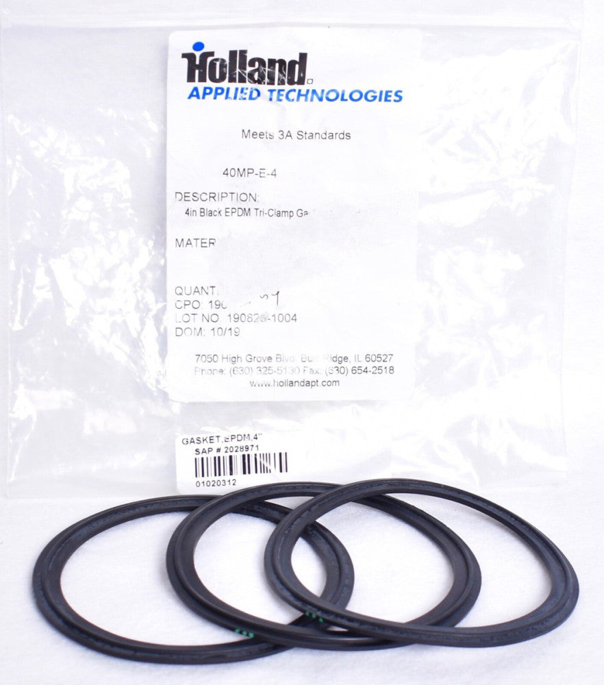 3 Count Holland Applied Tech 4" Black Sanitary EPDM Tri-Clamp Gaskets  40MP-E-4