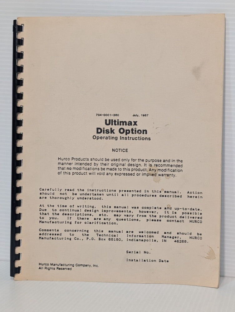 Hurco 704-0001-360 Ultimax Disk Option Operating Instructions Manual