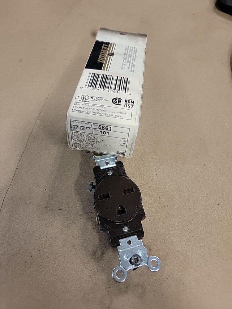 Leviton 5661 2 Pole 3 Wire Self-Grounding Single Receptacle Brown NEW