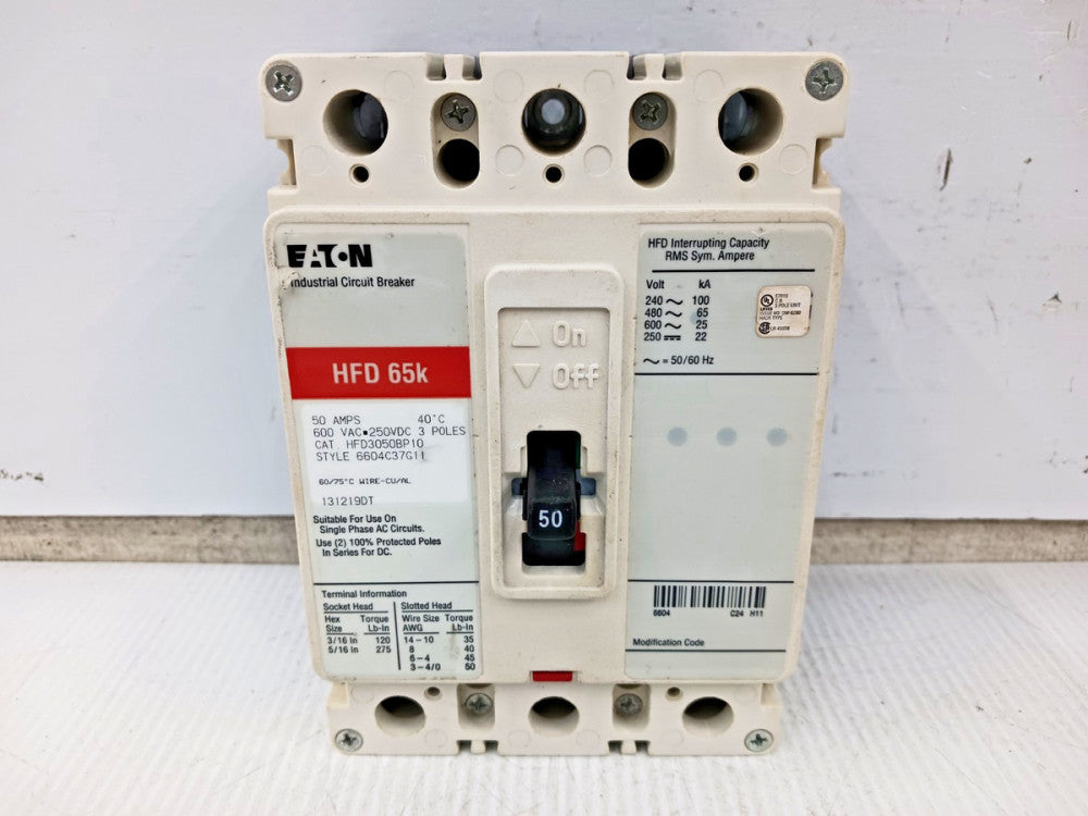 Eaton 50 Amp Circuit Breaker 3 Pole 600 VAC / 250 VDC 65kA HFD3050BP10