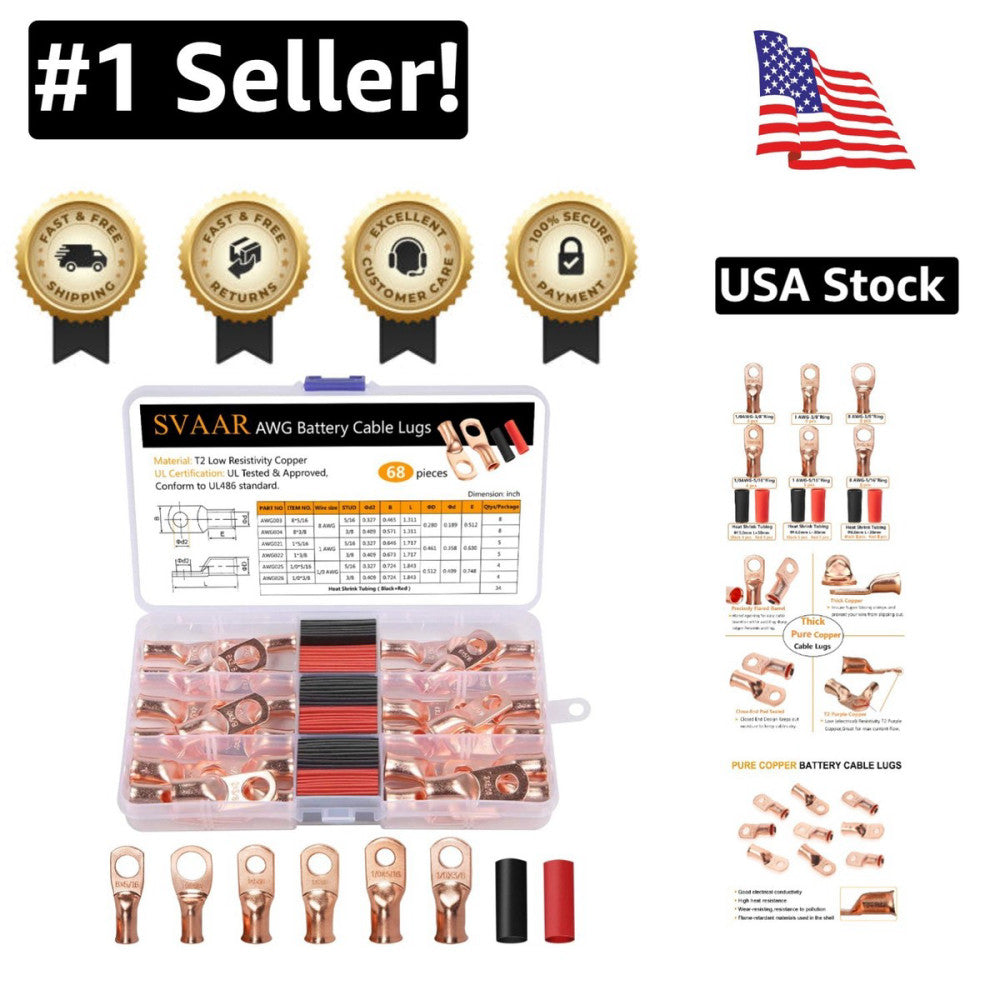 Versatile 68-Piece Copper Battery Lugs and Heat Shrink Tube Set - 1/0 to 8 AWG