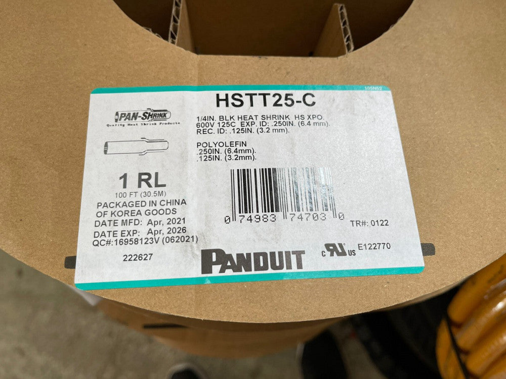 Panduit HSTT25-C 1/4" BLK HEAT SHRINK HS XPO 600V 125C, EXP ID .50", REC .250"