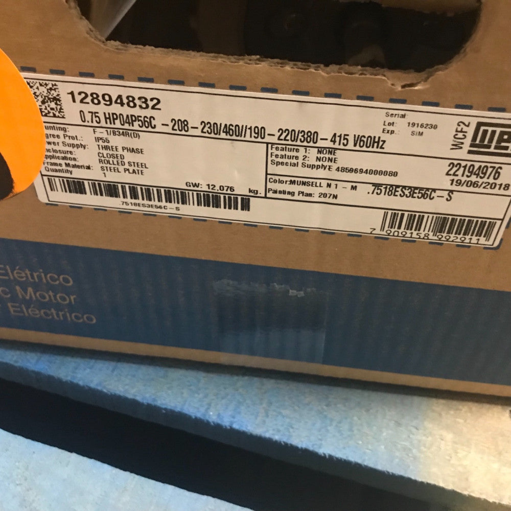 WEG Rolled Steel 0.75 HP 4P 56C 3Ph 208-230/460//190-220/380-415 V