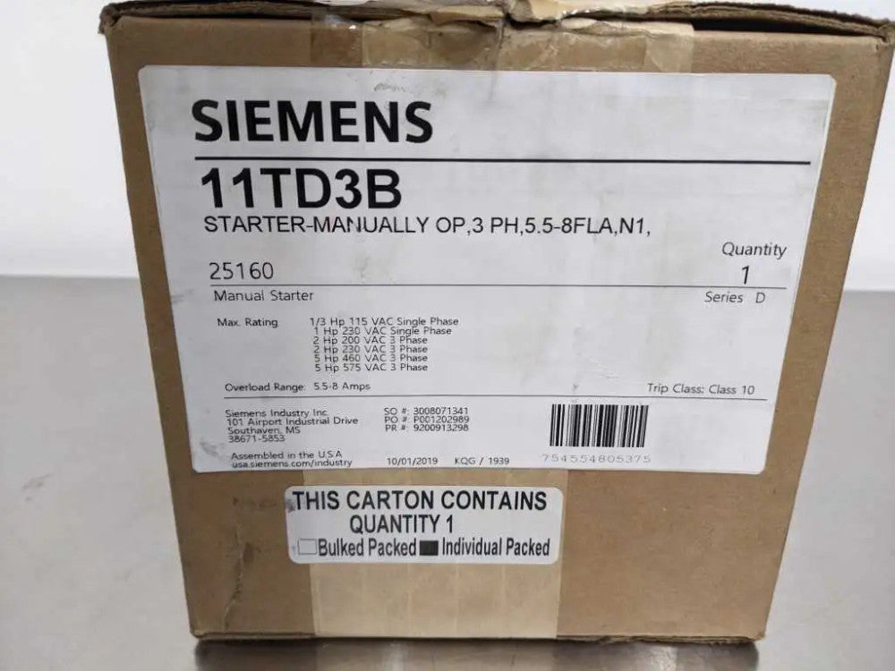 Siemens 11TD3B Manual Starter Ser D 1/3, 1, 2, 5 HP