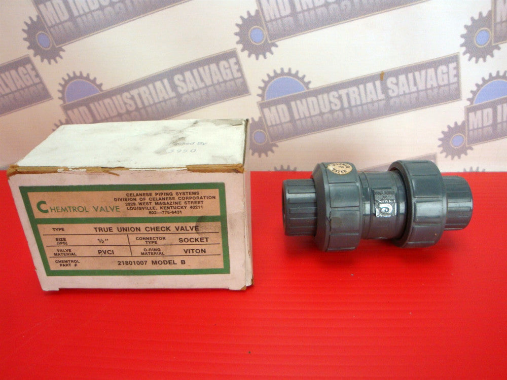 CHEMTROL - True Union PVCI 1/2" SOCKET BALL CHECK VALVE VITRON Seals 21801007