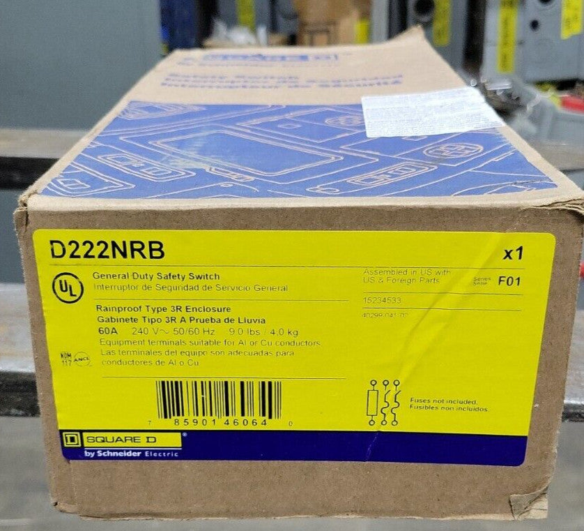 D222NRB Square D Safety Switch & Disconnect - 60A, 240VAC, 2P, Fusible, NEMA 3R