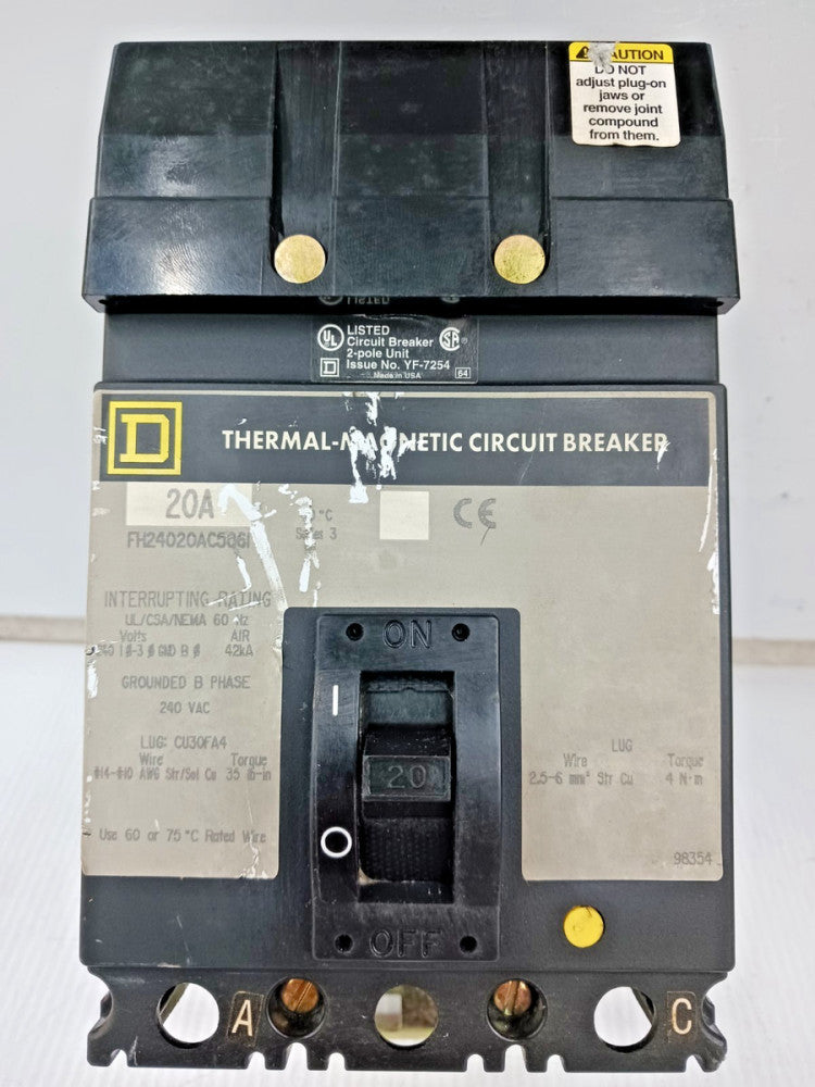 Square D 20 Amp I-Line Circuit Breaker 2 Pole 240 VAC 42kA FH24020AC5861