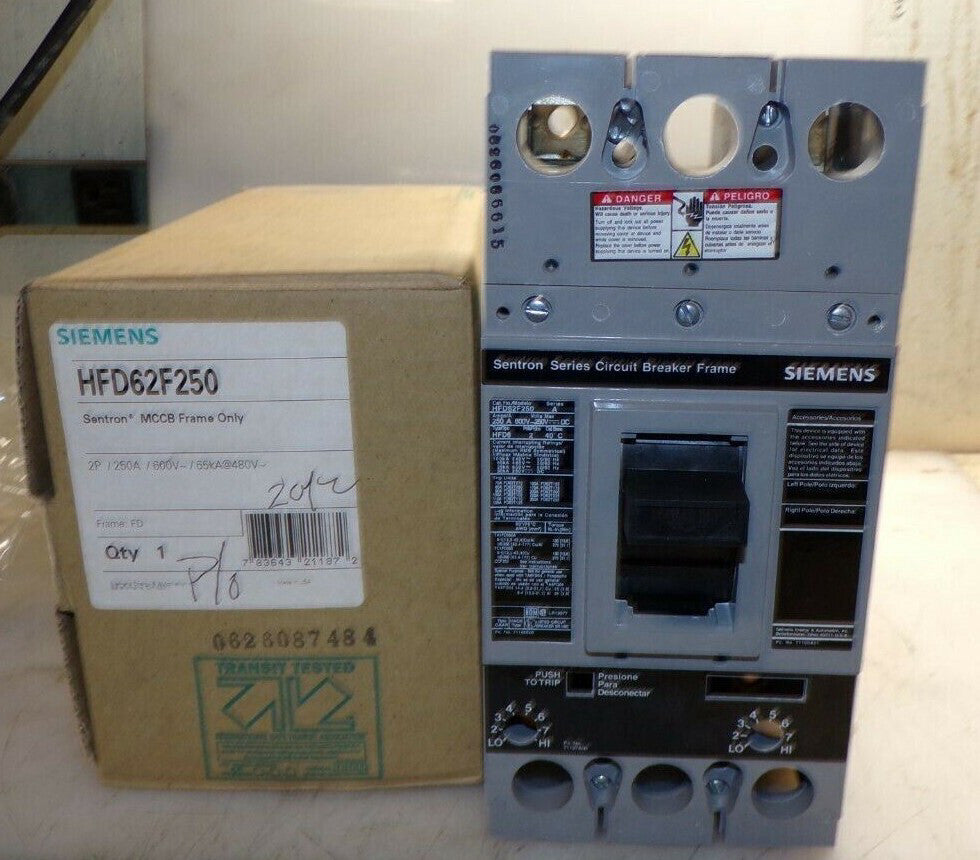 NEW SIEMENS 250 AMP CIRCUIT BREAKER FRAME 2 POLE 600V / 250 VDC  HFD62F250
