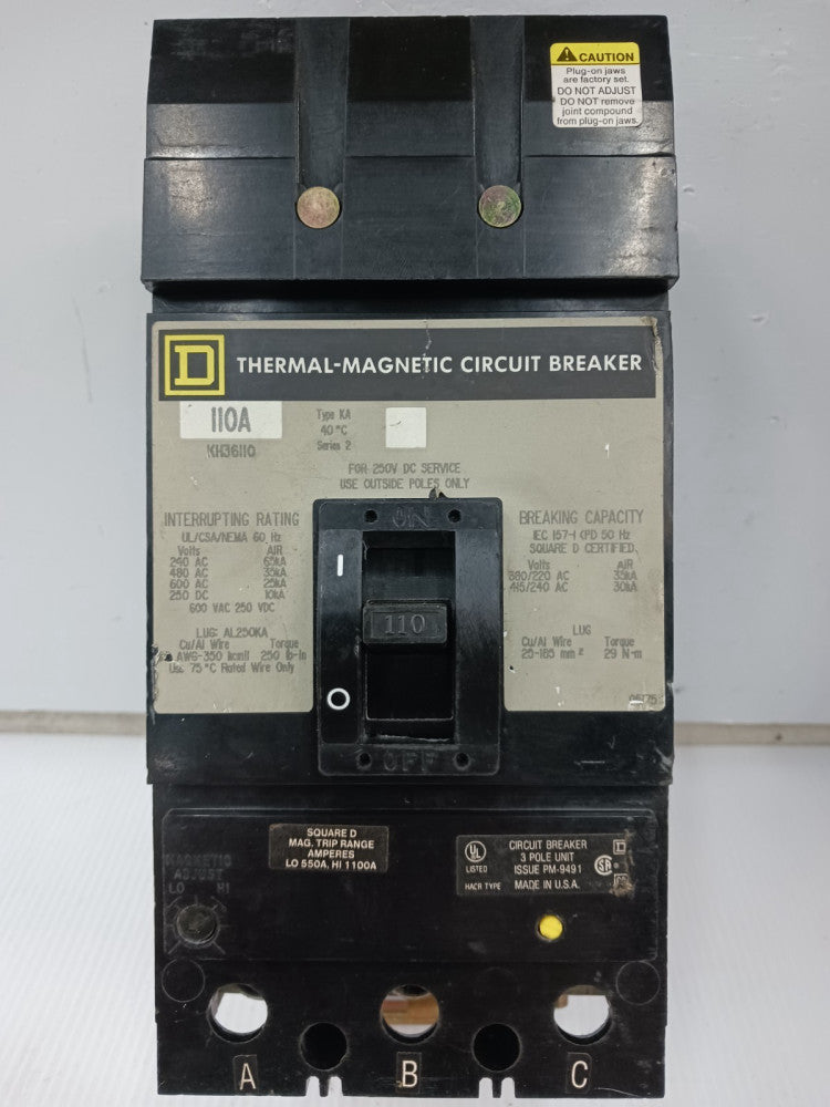 Square D 110 Amp I-Line Thermal-Magnetic Circuit Breaker 3 Pole 600 VAC KH36110