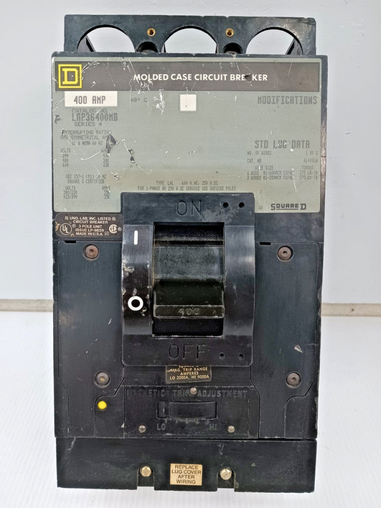 Square D 400 Amp Molded Case Circuit Breaker 3 Pole 600 VAC 30kA LAP36400MB