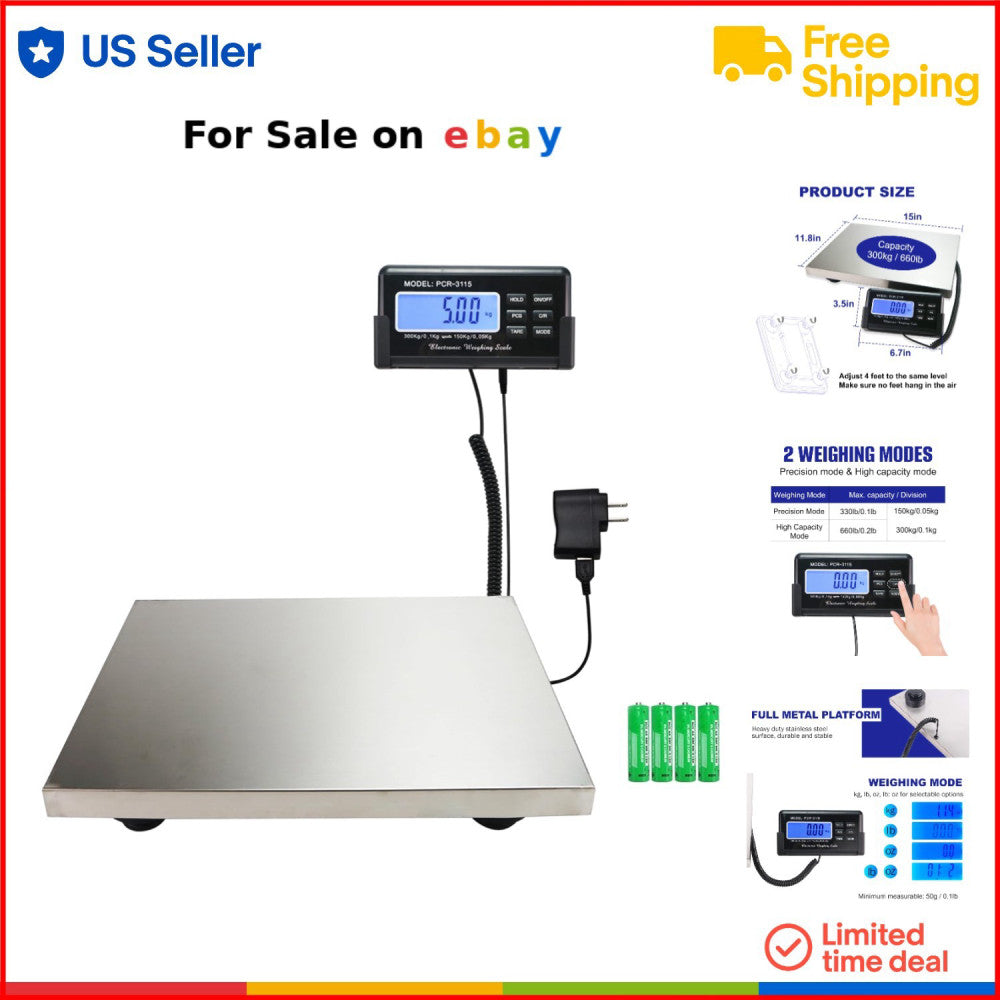 Digital Postal Scale 660lbs Heavy Duty Stainless Steel Shipping Luggage