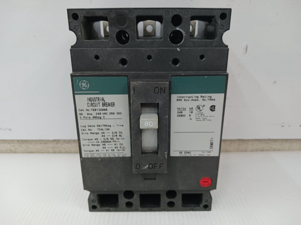 GE 80 AMP CIRCUIT BREAKER 3 POLE 240 VAC / 250 VDC 10kA TEB132080