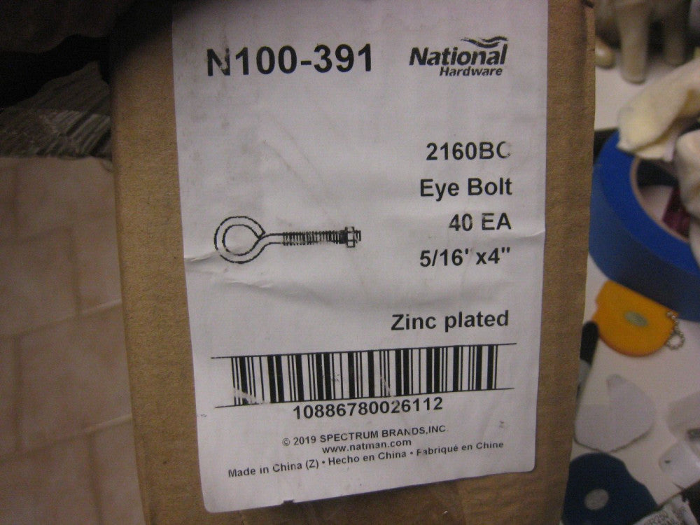 40 Pack BOX  National Hardware N100-391 Eye Bolts 5/16" x 4" Zinc plated steel
