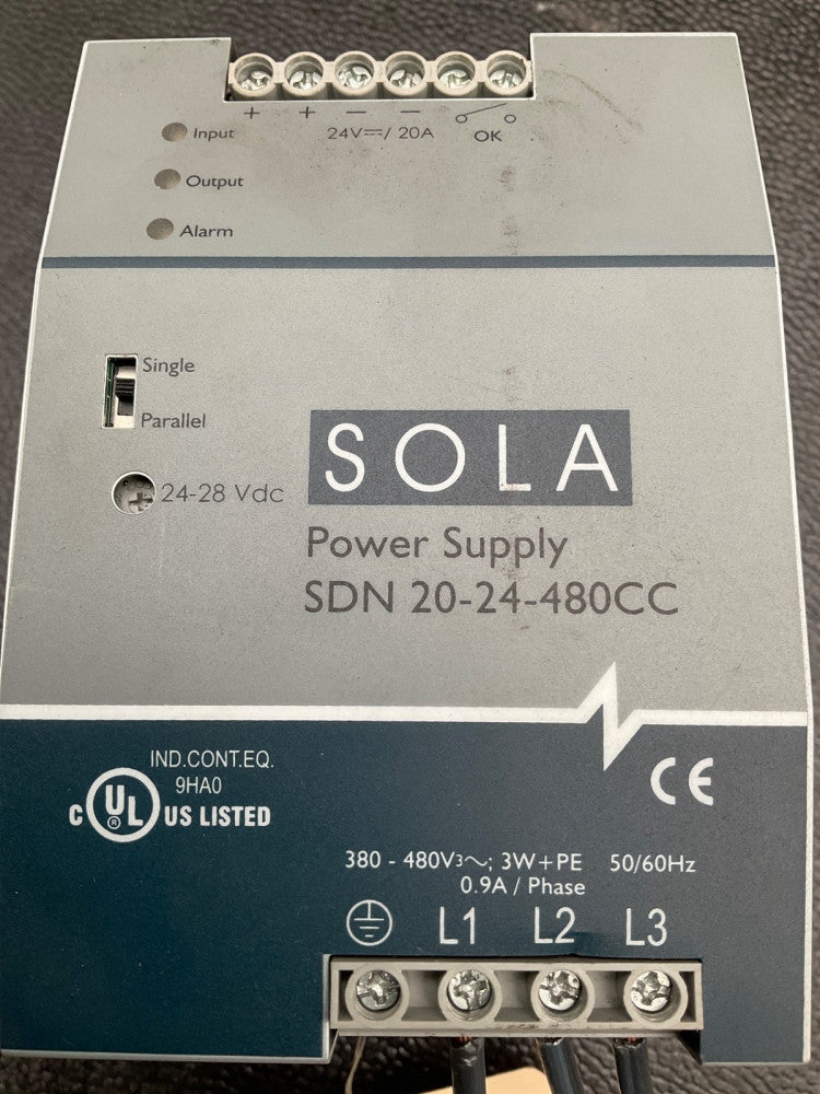 SOLA SDN 20-24-480CC DIN RAIL POWER SUPPLY 24VDC 20A USED