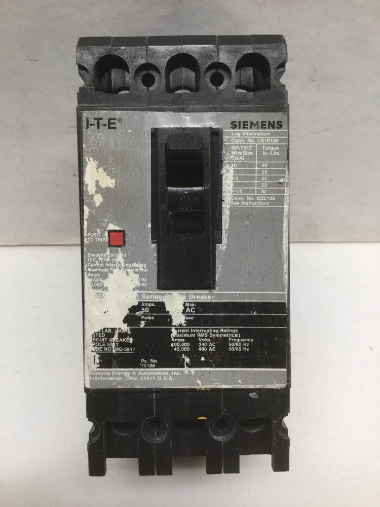 SIEMENS I-T-E 50 AMP 3 Pole Circuit Breaker Conn No LNE1E100
