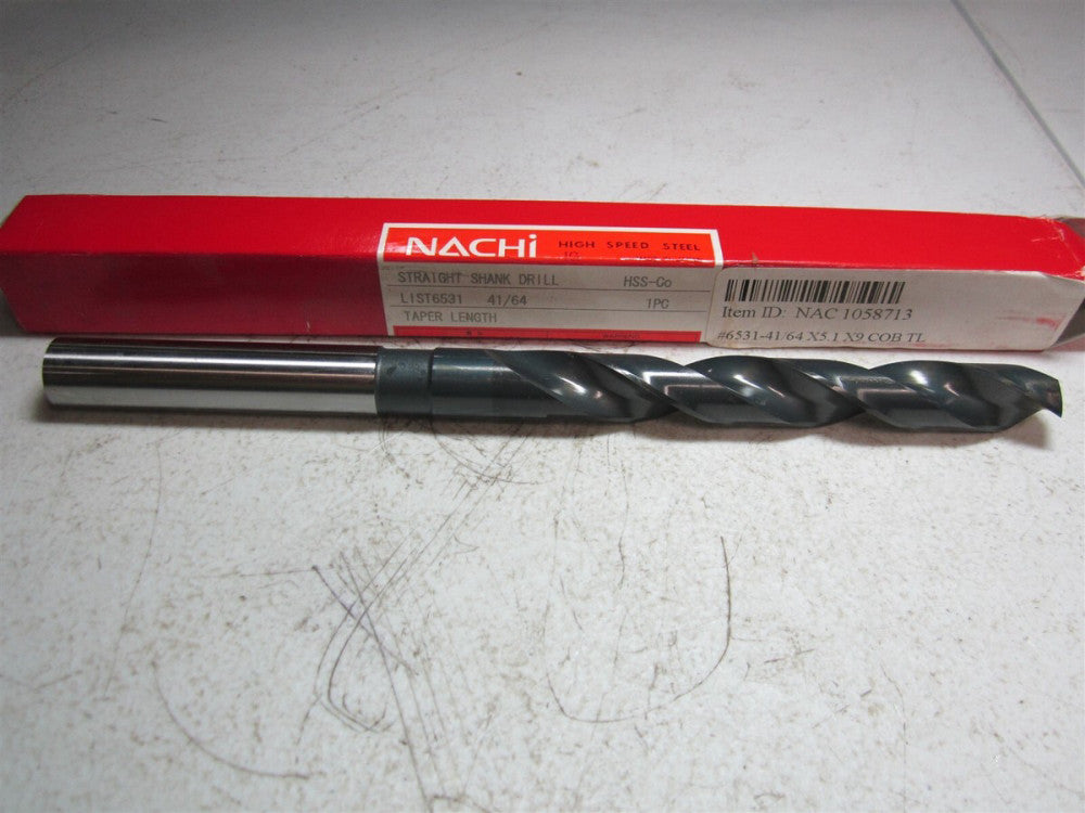 Nachi (1058713) 41/64" Size, 118°, HSS Cobalt Straight Shank Taper Length Drill