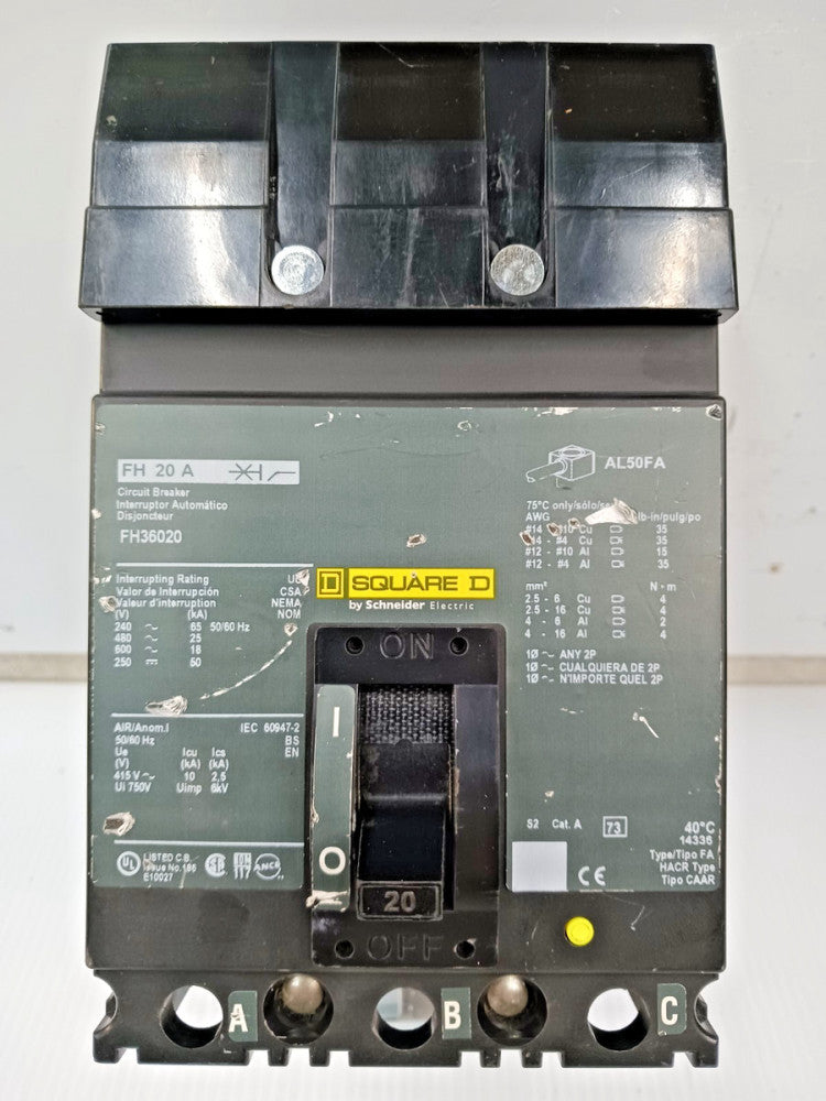 Square D 20 Amp I-Line Circuit Breaker 3 Pole 600 VAC / 250 VDC 25kA FH36020
