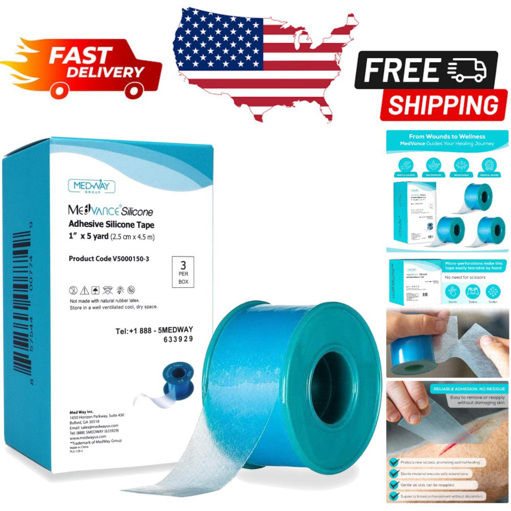 Hypoallergenic Silicone Medical Tape, 3 Pack of 5-Yard Rolls for Skin Comfort