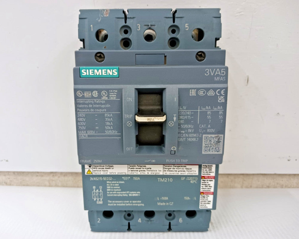 Siemens 150 Amp Circuit Breaker 3 Pole 600 VAC / 750 VDC 35kA 3VA5215-5ED32-0AA0