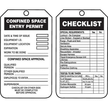 Accuform Tcs319ctp Permit Tag, Confined Space, Cardstock, 5 3/4 In H X 3 1/4 In