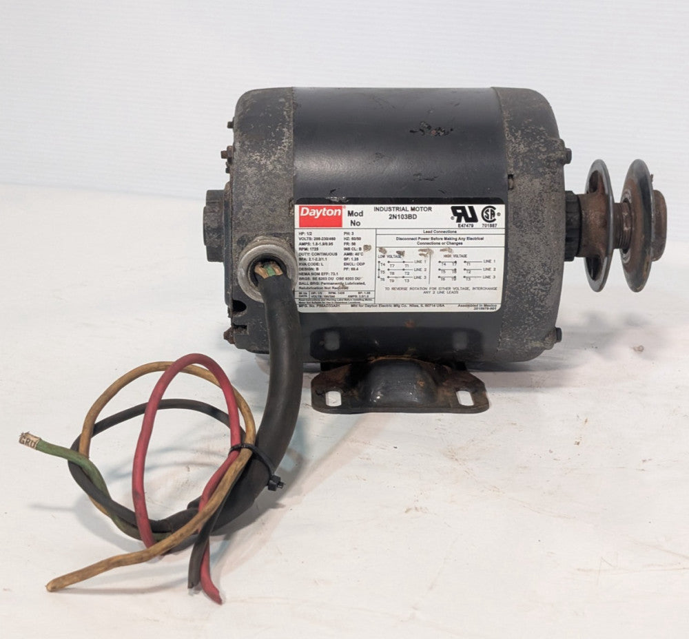 Dayton 2N103BD industrial motor, 1/2HP, 1725RPM, 3 Phase, 2008-230/460V, 60/50Hz