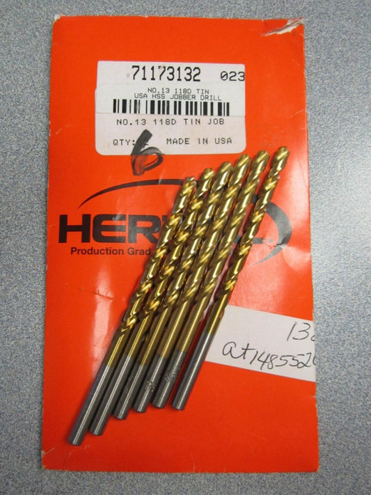 (6) #13 (.1850") Jobber Length Drill Bits 118Deg Angle TiN HSS