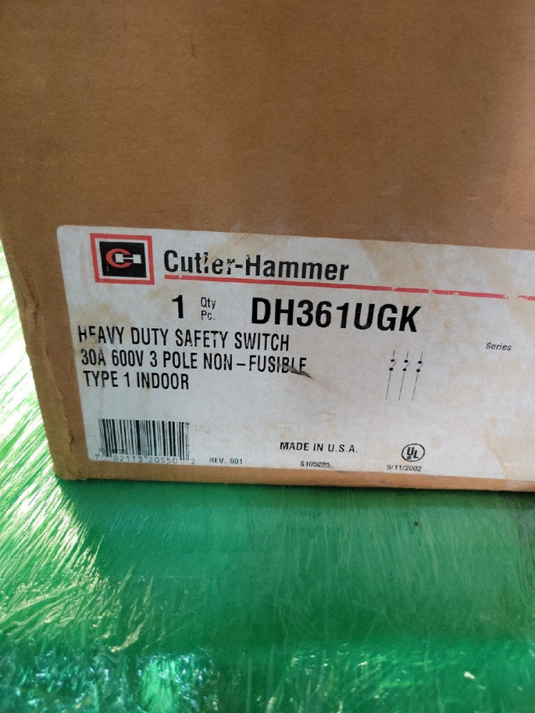 1- CUTLER HAMMER DH361UGK HEAVY DUTY DISCONNECT 30 AMP 3Ø NON FUSE 600V INDOOR