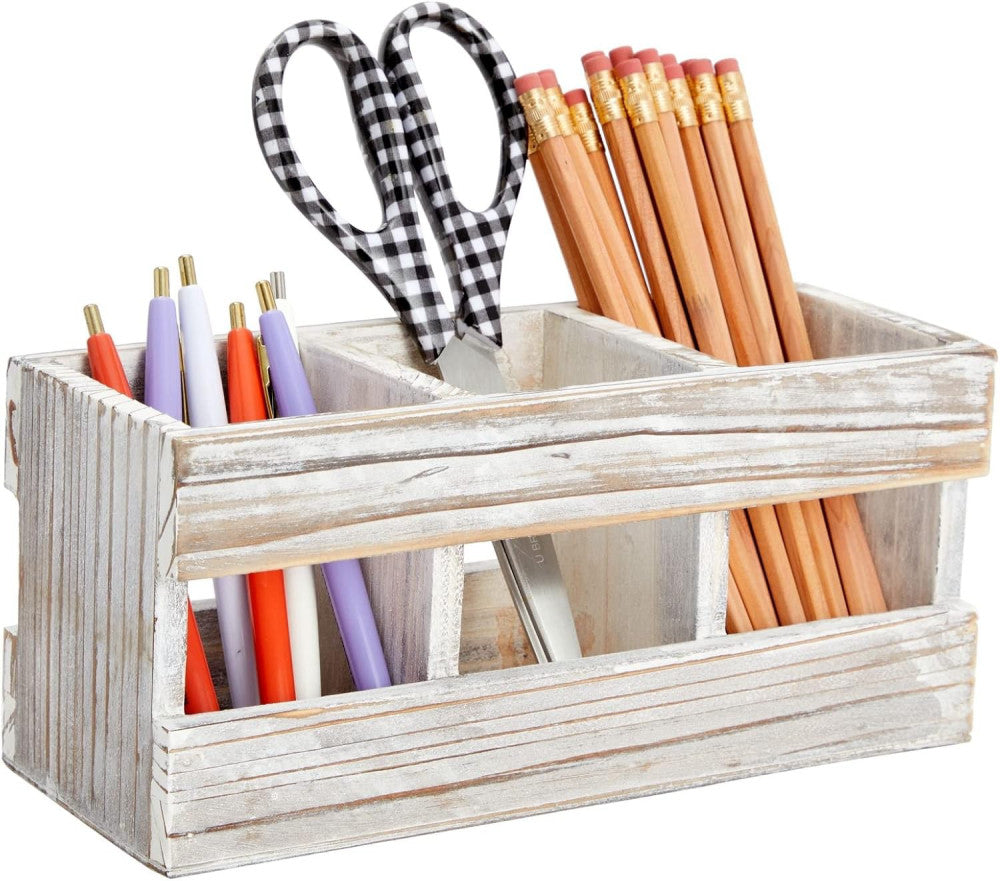 Juvale Farmhouse Decor 3-Compartment Pencil Holder & Desk Organizer - 9.5 x 4.25